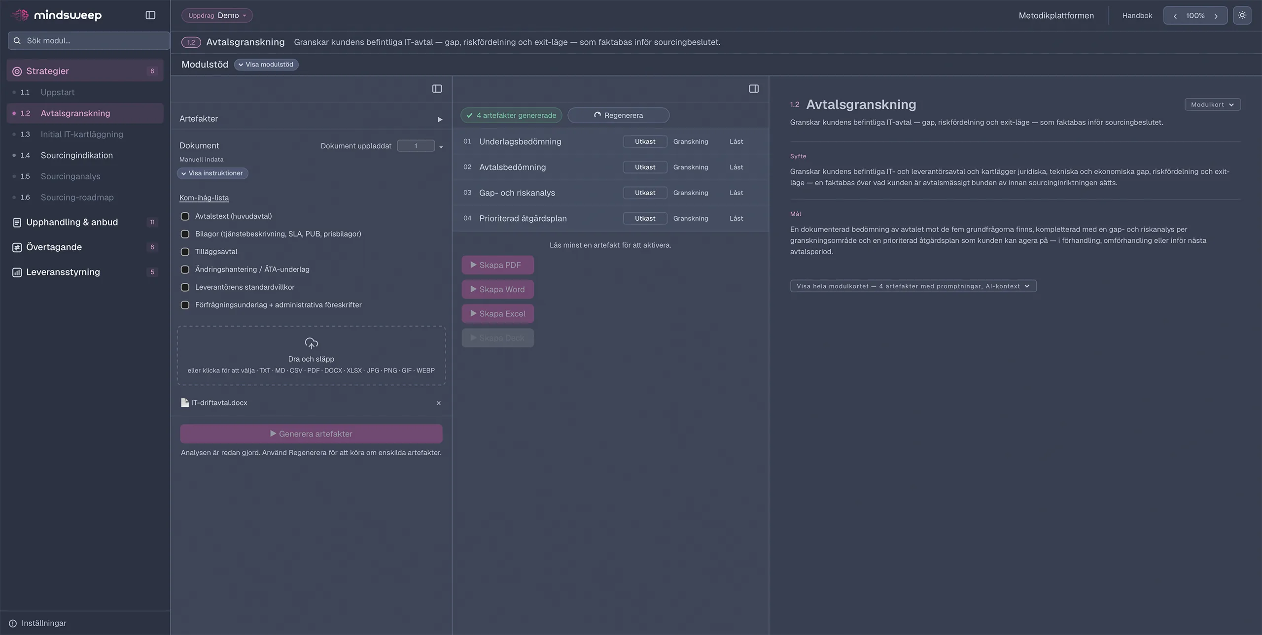 mAxiom: modulen Avtalsgranskning med genererade artefakter och export till PDF, Word och Excel.